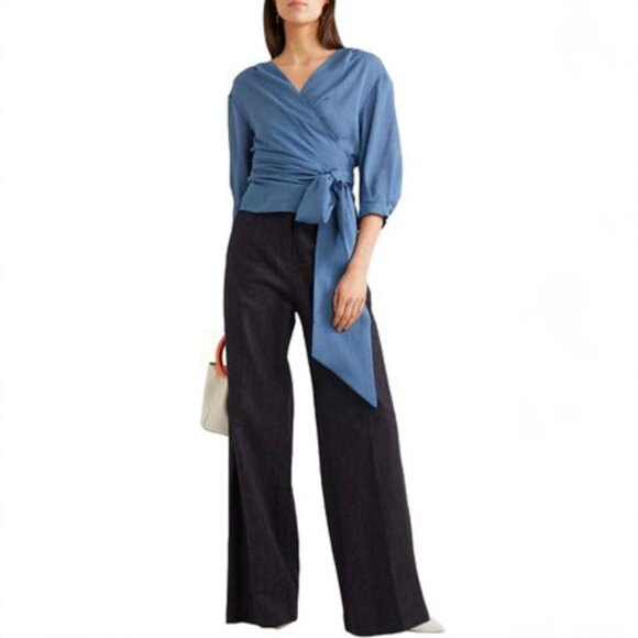 CEFINN Cotton-blend Voile Wrap Top In Blue - Picture 1 of 8